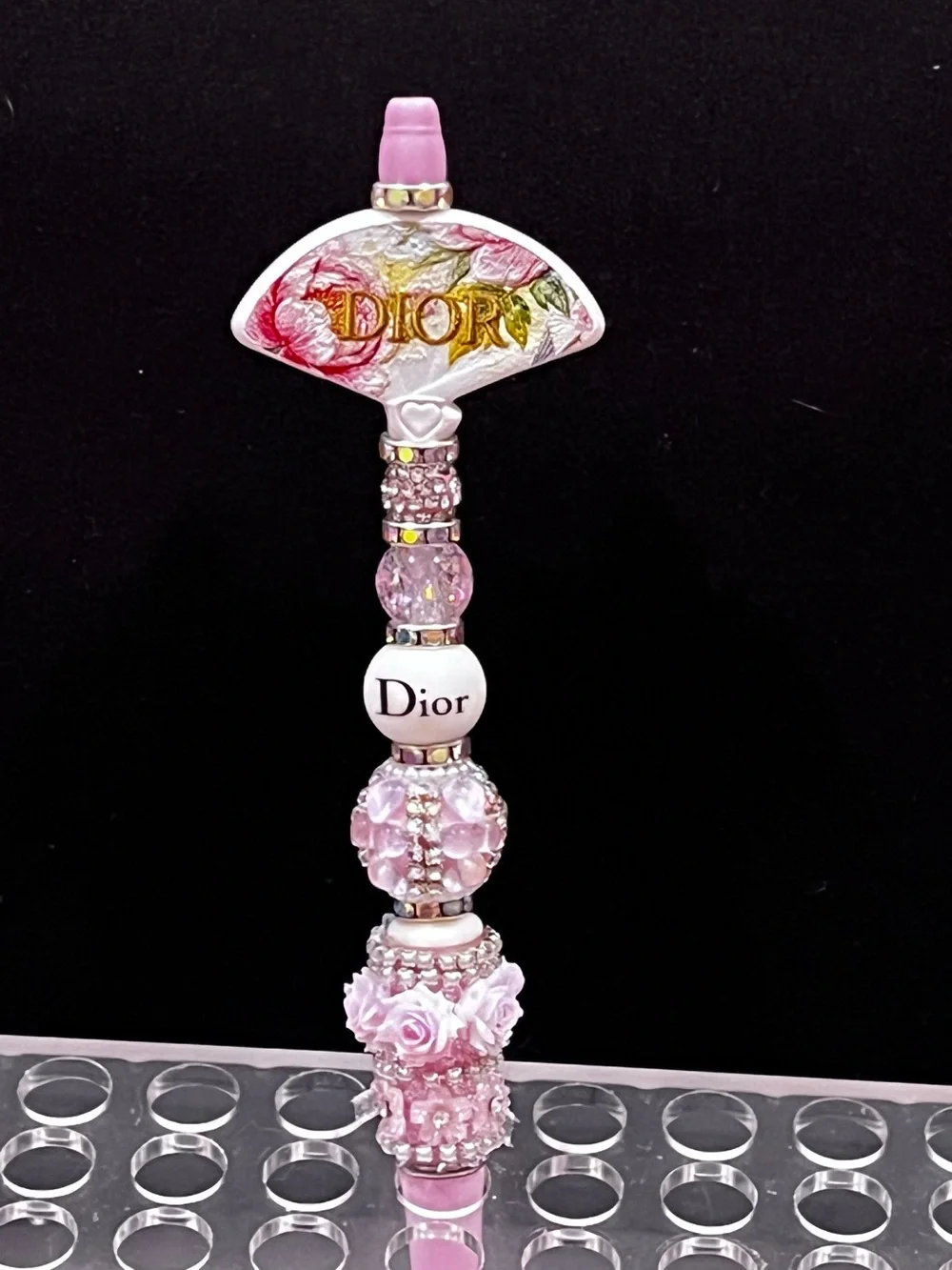 Rare Designer inspired Pink Floral fan focal Beaded Decorative Pen!